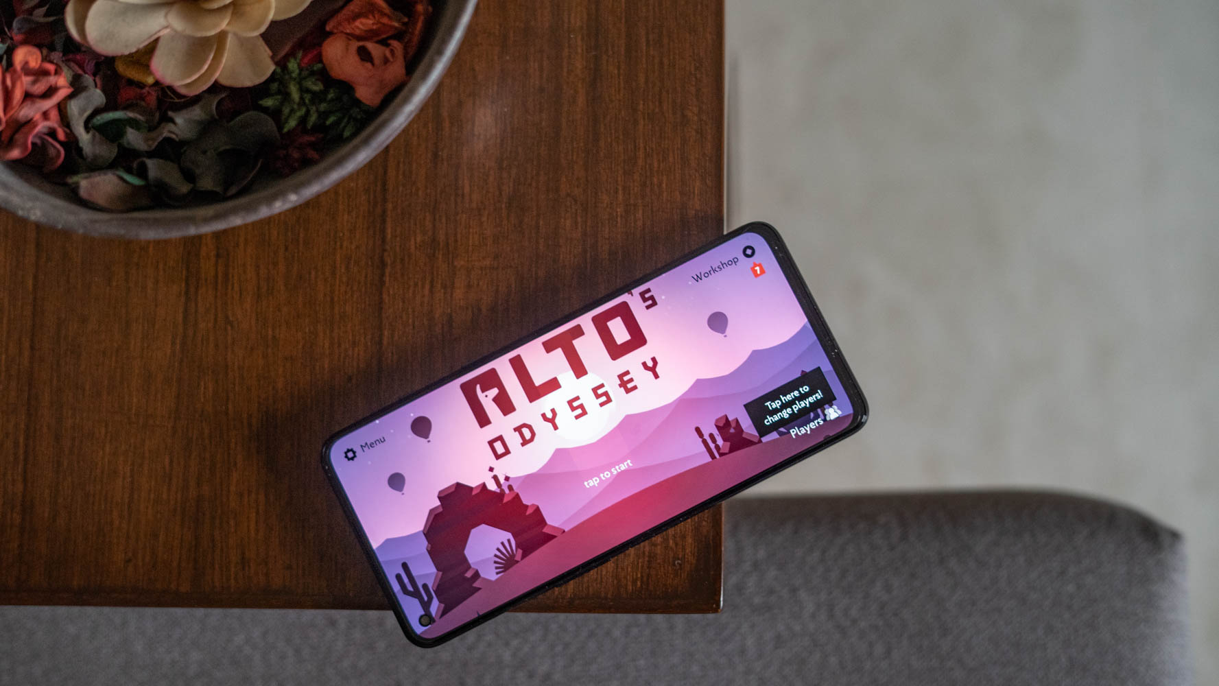 OnePlus 9RT review top down view with a game on OnePlus 9RT review top down view with Alto's Odyssey game on the screen