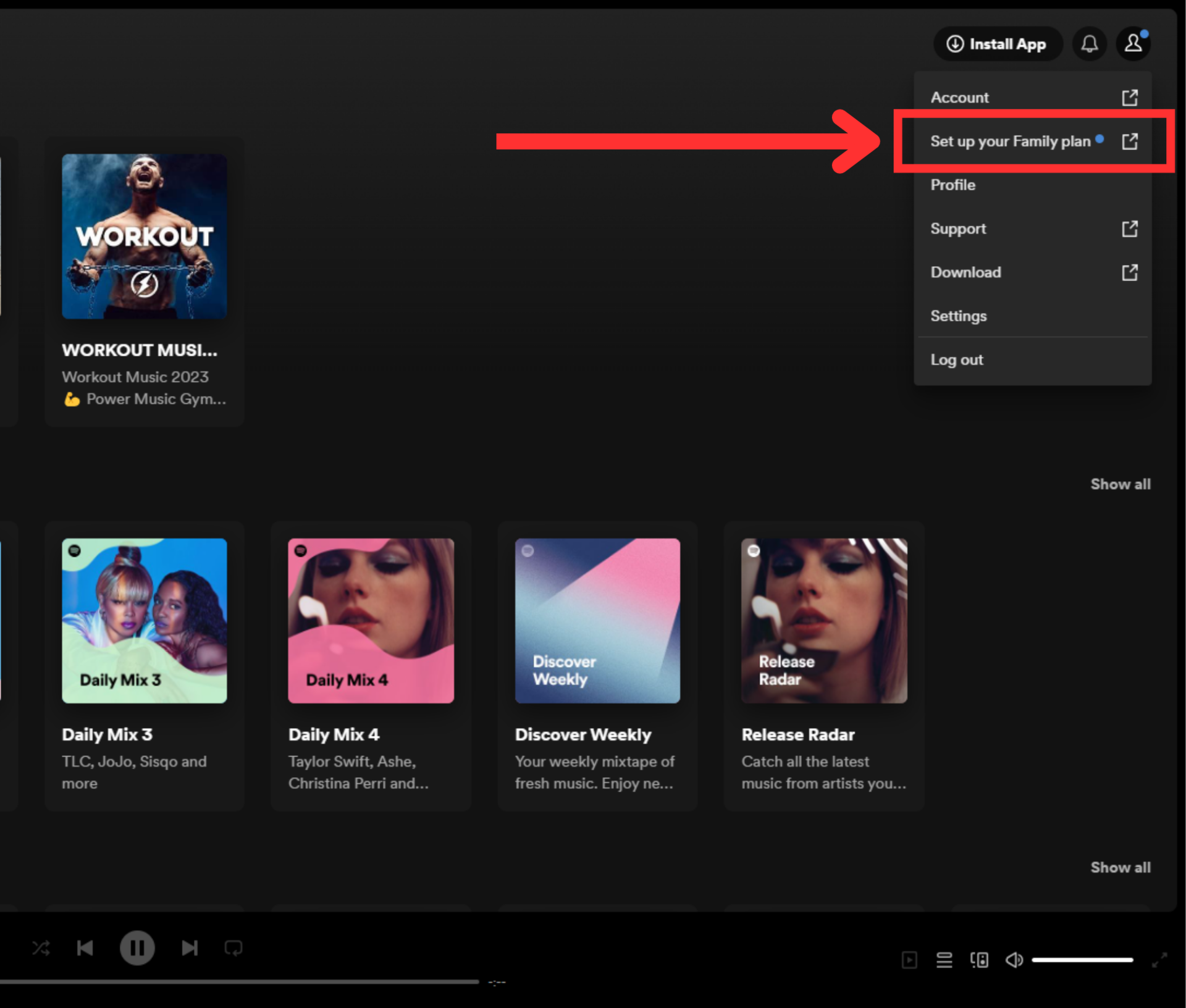 desktop spotify drop down menu family plan