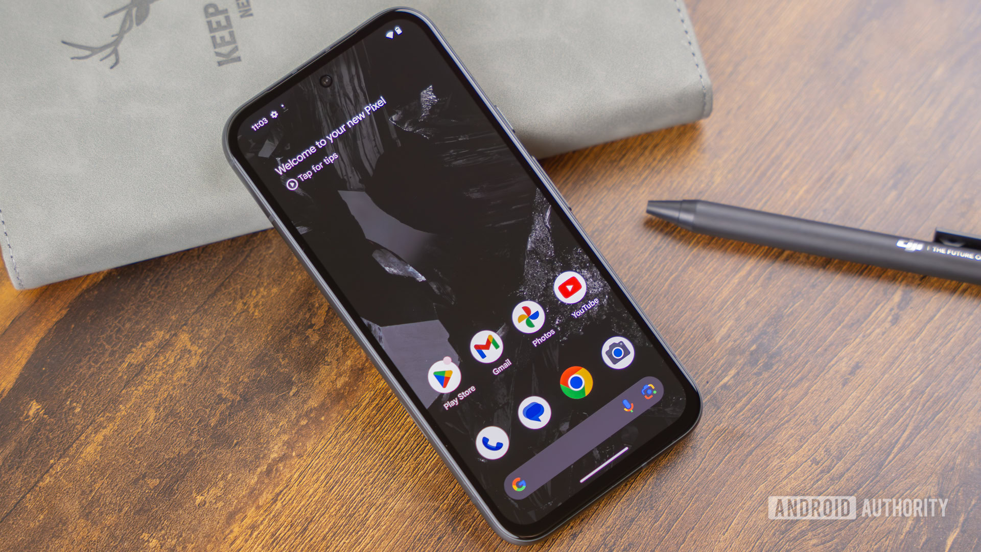 Google Pixel 8a screen on table with screen on stock photo Google Pixel 8a screen on table with screen on stock photo