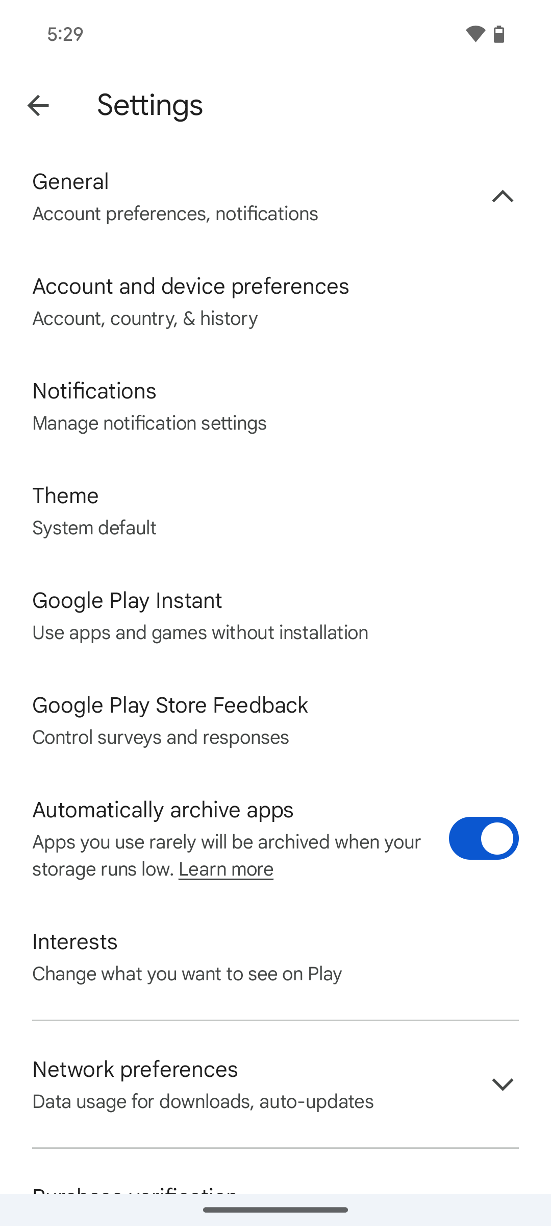 google play store settings general