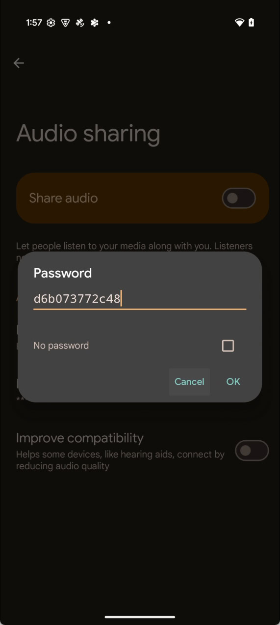 Audio sharing password in Android 16 DP1