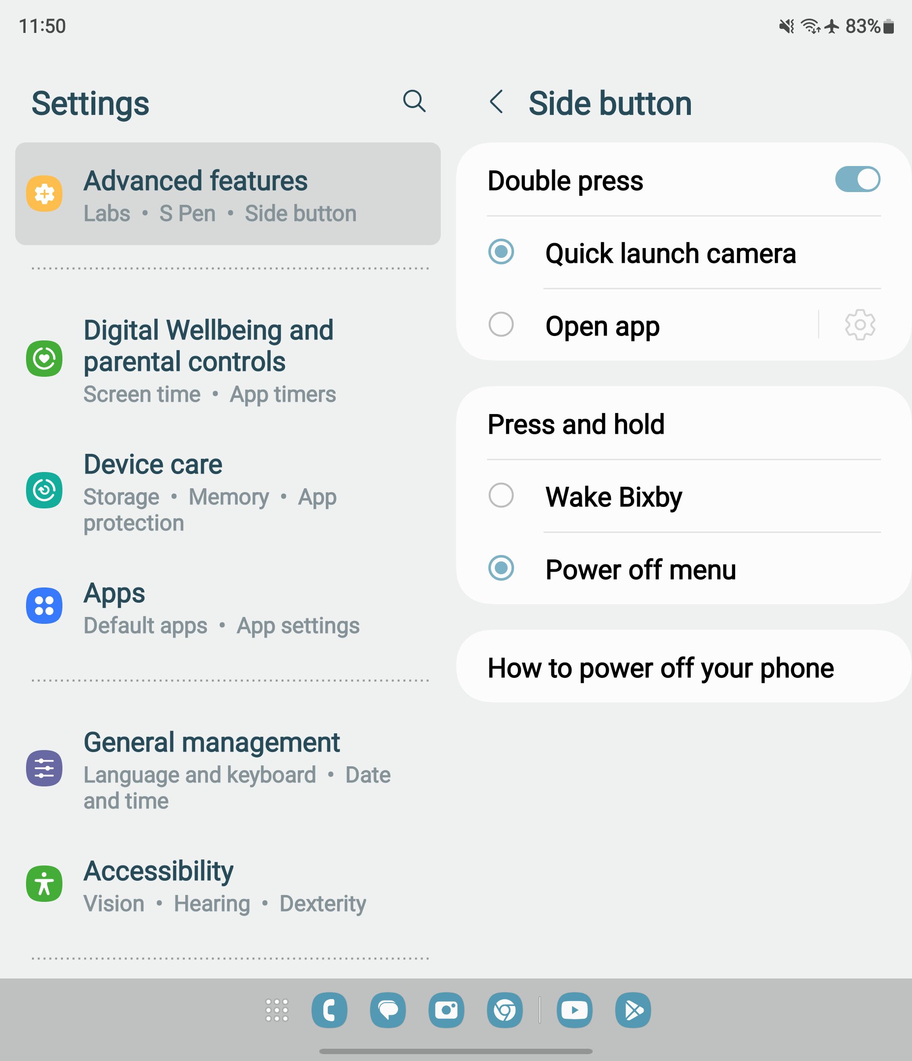 Samsung One UI side button options Samsung One UI side button options