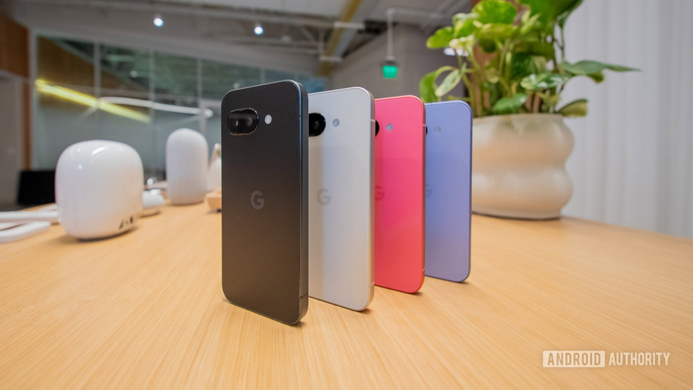 Google Pixel 9a colors stood up on table Google Pixel 9a colors stood up on table