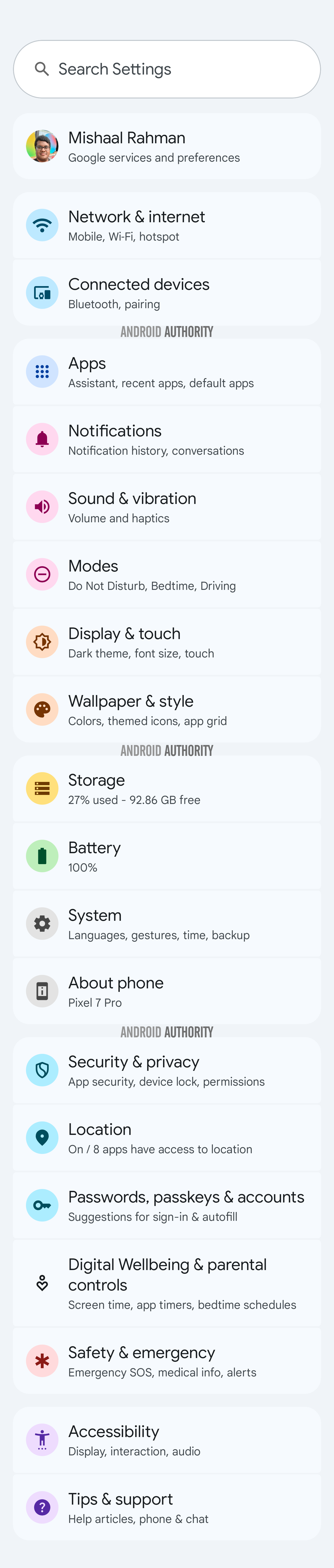 Expressive top level Settings light design in Android 16 Beta 4