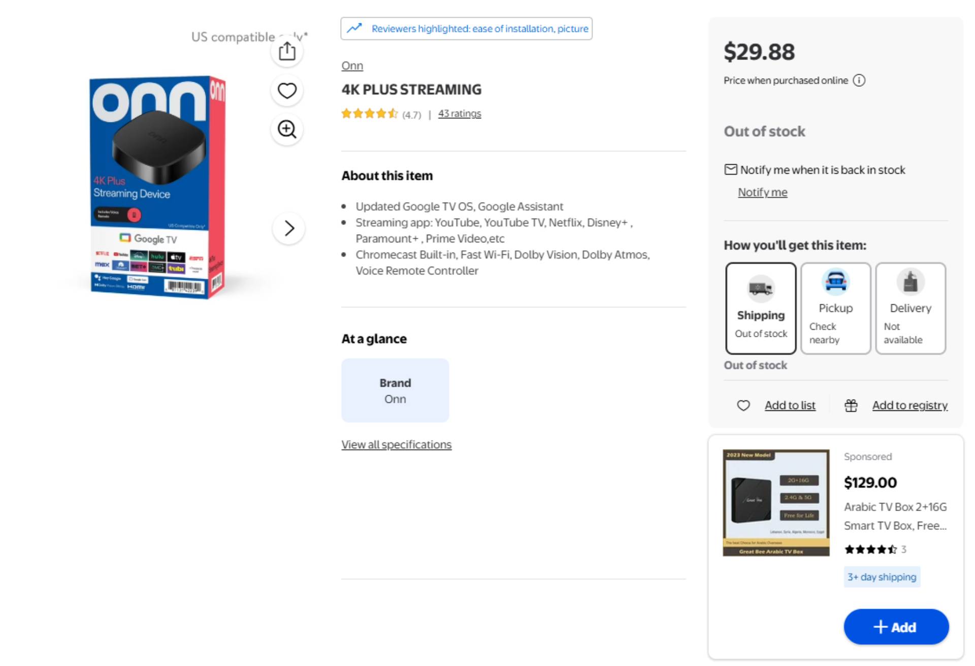 Walmart Onn 4K Plus listing